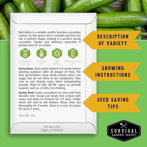 Miniatura 2 de Survival Garden Seeds - Semilla de pepino Beit Alpha para plantar - Paquete con instrucciones para plantar y cultivar pepinos verdes suaves sin