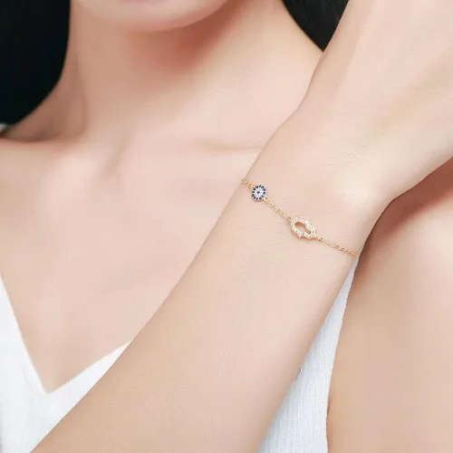 Miniatura 2 de Hamsa Hand of Fatima Evil Eye Bracelet Sterling Silver 925 Blue Cubic Zirconia Chain Adjustable 6.5"+1.5
