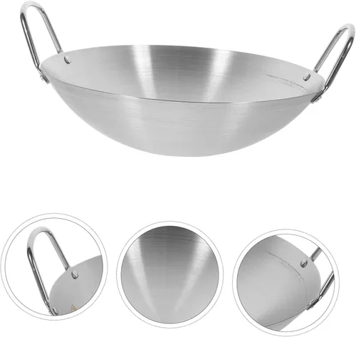 Miniatura 4 de jojofuny Wok de acero inoxidable con fondo redondo de gran capacidad para cocina de inducción, utensilios de cocina con asas dobles para uso