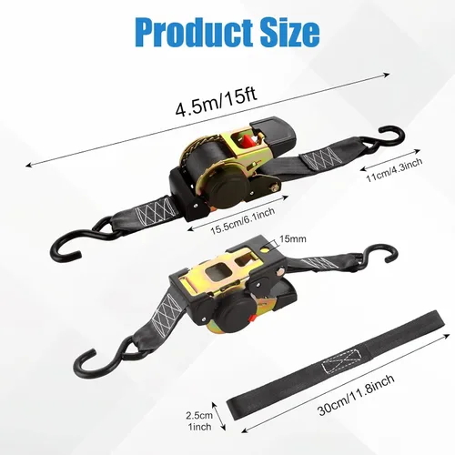 Miniatura 2 de YAYODS Paquete de 2 correas de trinquete retráctiles de 2 pulgadas, correas de amarre autoretráctiles de 15 pies con bolsa de almacenamiento