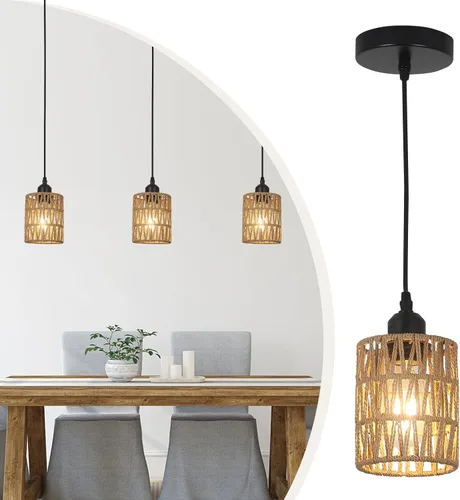 Miniatura 11 de LAMSU Lámparas colgantes de ratán de 1 luz, iluminación colgante bohemia de granja con pantalla tejida a mano de 4.7×5.9 pulgadas, pequeña lámpara