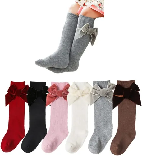 Calcetines altos hasta la rodilla para bebés niñas, con lazo de punto y moño, calcetines de tubo con volantes para 0-7 años