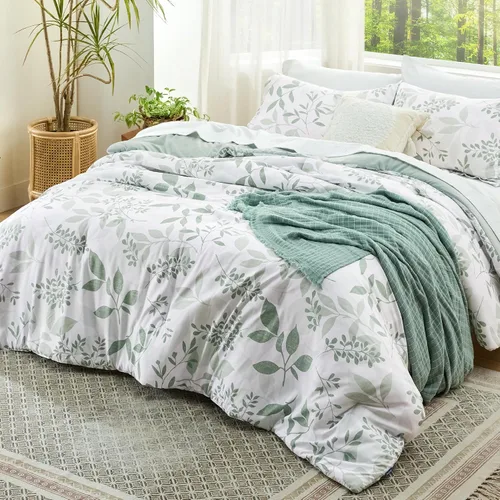 Miniatura 2 de Bedsure - Juego de edredón tamaño King, juego de ropa de cama floral lindo, 3 piezas, 1 edredón reversible suave verde salvia con flores botánicas