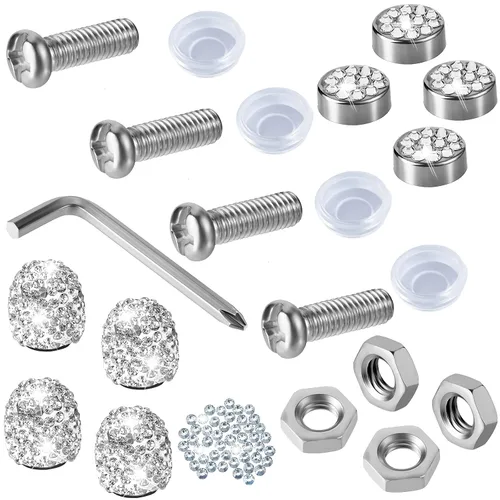 Frienda 14 Piezas de Tornillos para Marco de Placa de Matrícula, Tapones de Bolas de Diamantes de Imitación Brillantes, Tuercas de Seguridad para