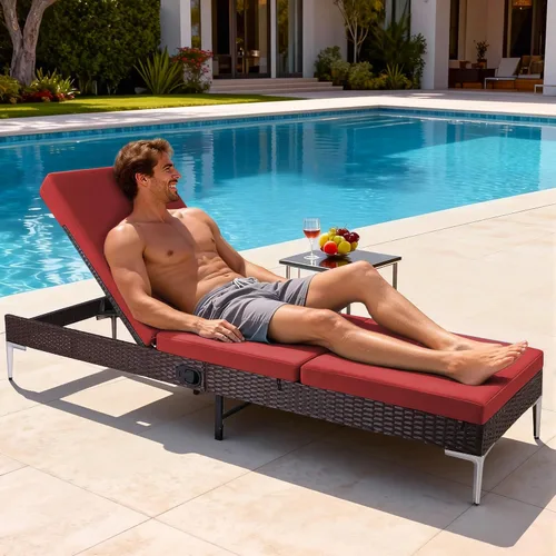 Miniatura 6 de HOMREST Tumbona para exteriores, silla de mimbre para patio con respaldo neumático ajustable, silla de ratán para piscina para tomar el sol adecuada