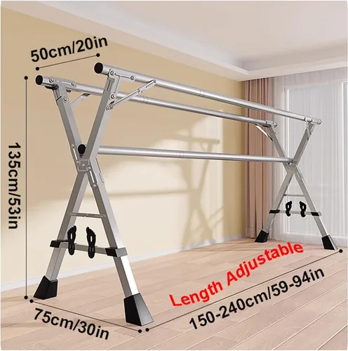 Miniatura 7 de Estante de secado de ropa de 63 pulgadas, plegable, de acero inoxidable con ruedas, estante de secado de lavandería que ahorra espacio para balcón