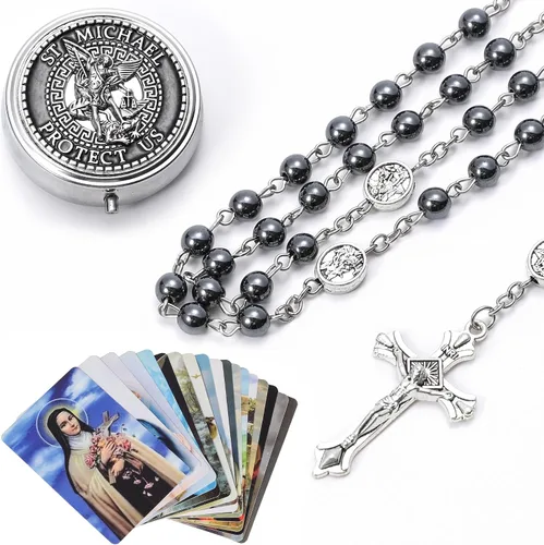 Miniatura 4 de SZQCZB Rosario de San Miguel y Ángel Guardián Católico para Hombres Mujeres, Medalla de Arcángel y Ángel de la Guarda con caja de regalo de metal