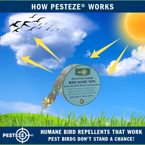 Miniatura 4 de PESTEZE Cinta holográfica reflectante y sonora de doble cara para asustar pájaros [2 pulgadas x 360 pies] Uso en patios y granjas para proteger