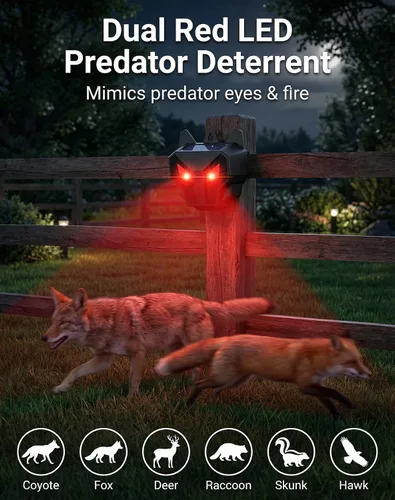 Miniatura 2 de Paquete de 2 repelentes solares nocturnos de animales con luces LED rojas duales, disuasorio de coyote humano para zorro mapache zorrillo, ciervos