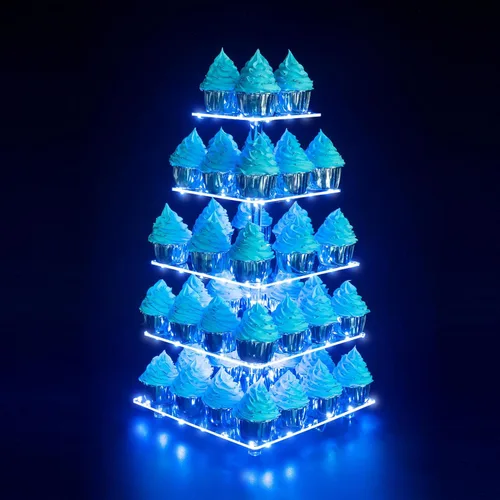 Miniatura 10 de Soporte para Cupcakes, Soporte Redondo para Cupcakes de 4 Niveles con Tira de Luces LED, Torre de Exhibición de Cupcakes de Acrílico para Bodas, Azul