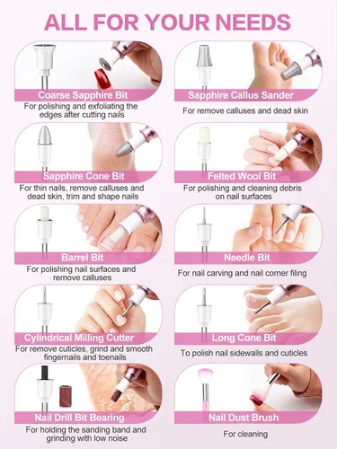 Miniatura 7 de Subay Kit profesional de manicura y pedicura, juego de taladro eléctrico para uñas con pantalla LED, 25000 RPM, 11 accesorios más 20 bandas