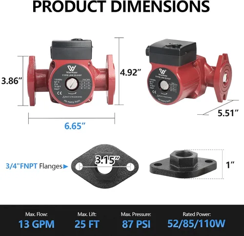 Miniatura 2 de WiseWater Bomba de circulación 110V 110W 13 GPM con bridas FNPT de 3/4" Bomba de recirculación de agua caliente de 3 velocidades y bajo ruido