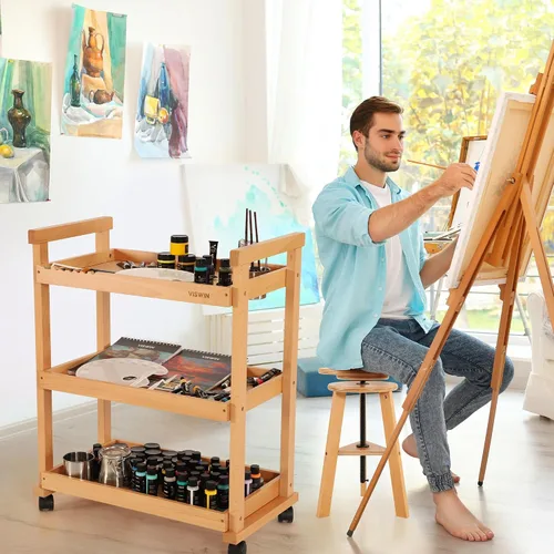Miniatura 7 de VISWIN Organizador de carrito de arte, organizador de almacenamiento de suministros de arte de madera de haya maciza con ruedas giratorias, carrito