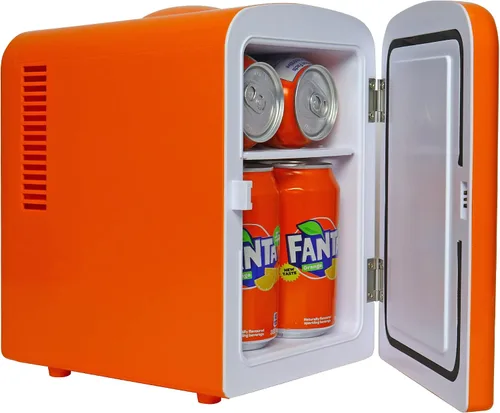 Miniatura 3 de Fanta Mini refrigerador – Refrigerador de 6 latas para dormitorio, oficina, enfriador de bebidas portátil de mesa, refrigerador de 12 V 110 V
