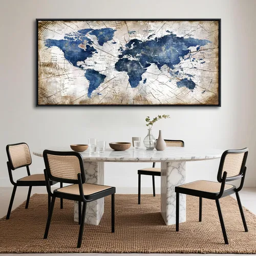 Miniatura 4 de Lienzo de mapa del mundo para pared, arte abstracto de mapas del mundo azul marino para pared, arte de pared moderno vintage para oficina, cuadros