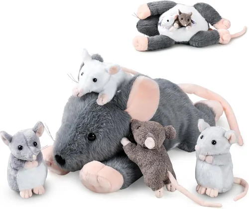 Arrowbash - 5 piezas de animales de peluche de ratón con bebés, peluche de rata mamá de 14 pulgadas con 4 ratones pequeños en el abdomen con