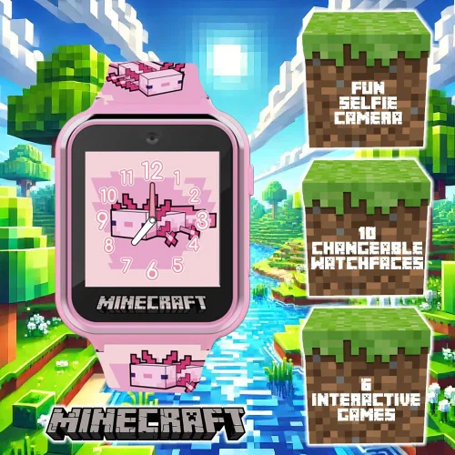 Miniatura 2 de Minecraft - Reloj inteligente para niños, diseño de ajolote rosa, 10 caras de reloj, contador de pasos, cámara selfie, calculadora