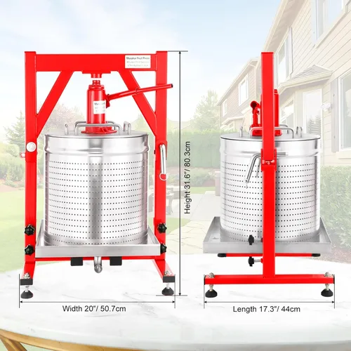 Miniatura 6 de Prensa hidráulica de frutas Mosakar de 10.6 galones/40L. Presión de 5 toneladas. Las piezas de contacto de jugo son de acero inoxidable AISI 304.