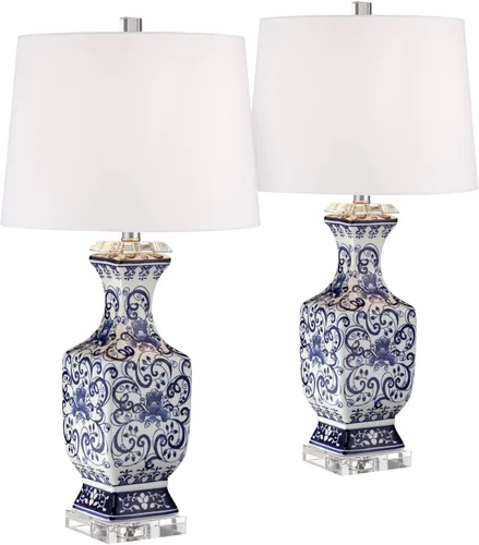 Barnes and Ivy Iris - Juego de 2 lámparas de mesa asiáticas chinas estilo tarro de 28 pulgadas de alto, cristal de porcelana azul, Ginebra de tela