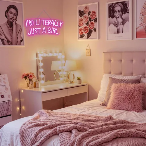 Miniatura 9 de Lucunstar Letrero de neón "I'M Literally Just A Girl" en rosa, letrero LED, luz de neón LED rosa para decoración de pared, letrero iluminado
