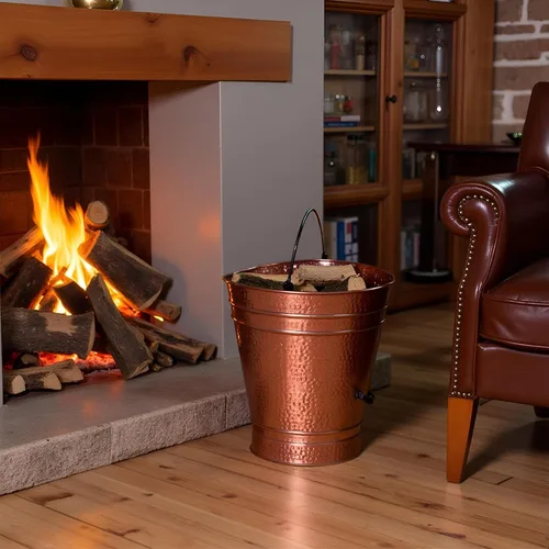 Miniatura 6 de Cubo grande de cobre para pellets de metal, carbón, chimenea, cenizas, con mango de hierro forjado, acabado antiguo, contenedor rústico duradero