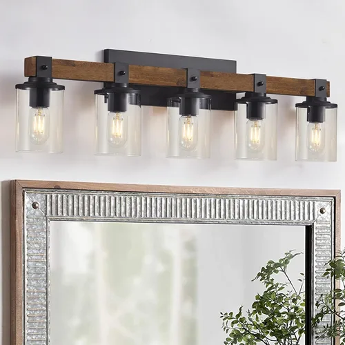 Miniatura 12 de DUJAHMLAND Lámpara de tocador de granja, aplique industrial de madera de 4 luces, iluminación de tocador de baño con pantalla de luces de vidrio