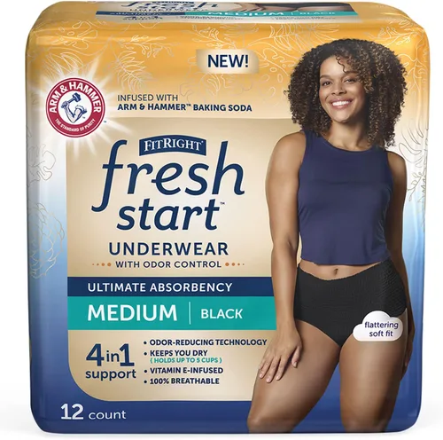 FitRight Fresh Start - Ropa interior para incontinencia y posparto para mujer, talla M, color negro (12 unidades), máxima absorción, ropa interior