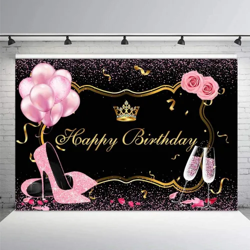 MEHOFOND Fondo de fotos rosa y dorado negro, accesorios de fondo de fotos con purpurina de tacón alto, globos de champán, flores de rosa, corona,