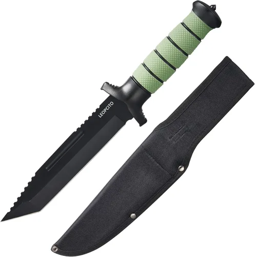 Miniatura 8 de Leopcito Cuchillo táctico de combate de hoja fija de 13.6 pulgadas con funda, acero inoxidable de supervivencia para caza bushcraft con mango Marrón