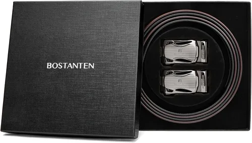 Miniatura 7 de BOSTANTEN Cinturones de vestir de trinquete para hombre, 2 paquetes, cinturones de cuero genuino para hombres con litera deslizante de clic, recorte