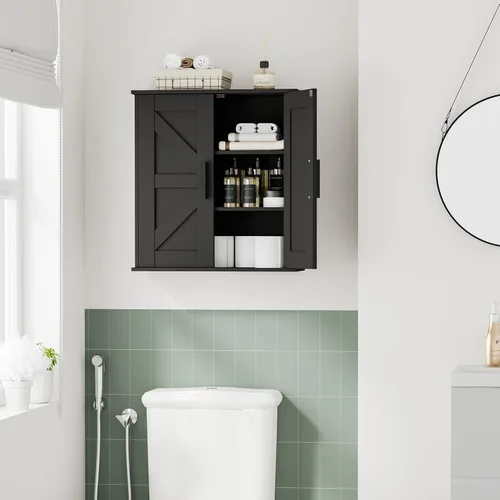 Miniatura 9 de Homleke Armario de pared para baño, armario de almacenamiento sobre inodoro con puertas de granero y estantes ajustables, botiquín de 3 niveles