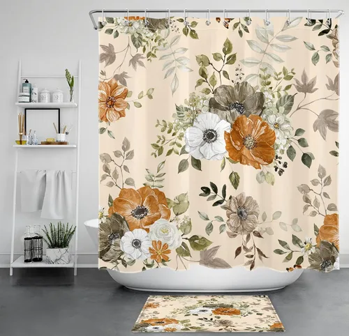 Miniatura 13 de LB Cortina de ducha floral de otoño, flores silvestres blancas y naranjas y hojas de arce gris sobre tela beige con ganchos, juego de baño botánico