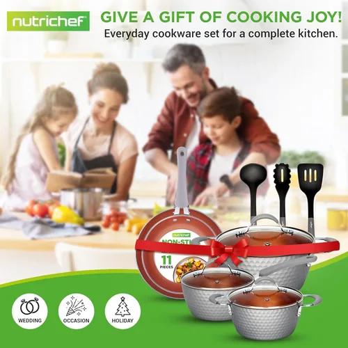 Miniatura 7 de NutriChef - Juego de 11 piezas de utensilios de cocina antiadherentes, juego de ollas y sartenes sin PTFE/PFOA/PFOS, con cacerola, sartenes, ollas