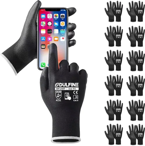 DULFINE Guantes de trabajo de seguridad con revestimiento de poliuretano para hombres y mujeres - 12 pares, guante de punto sin costuras negro con