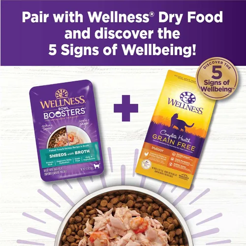 Miniatura 8 de Wellness Bowl Boosters Shreds with Caldo Wet Cat Food Topper, sin granos, natural, receta de atún en hojuelas y camarones, 1.75 onzas, paquete de 12