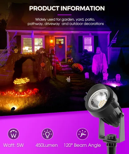 Miniatura 9 de L LOHAS LED Foco de Navidad al aire libre, luces de Halloween moradas para patio, encendido/apagado automático 5W 120V iluminación de paisaje