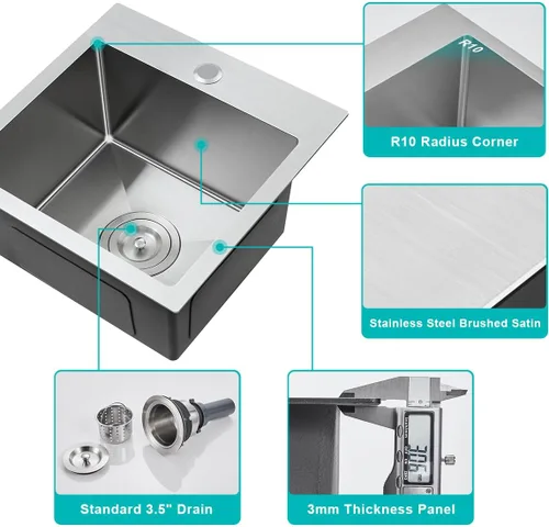Miniatura 4 de Fregadero empotrable de cocina de 20 pulgadas, TSIBOMU Fregadero de cocina pequeño de acero inoxidable de un solo compartimento níquel cepillado