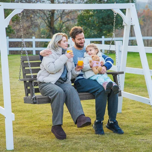 Miniatura 52 de KINGYES Columpio colgante para porche al aire libre, silla de columpio de patio de 2 asientos con portavasos, banco impermeable para patio y jardín