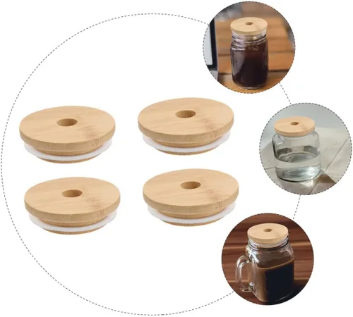 Miniatura 6 de UPKOCH Tarro de conservas para tarros de yogur, 4 unidades, tapas de bambú, tapa de tarro de vidrio, tapa de madera