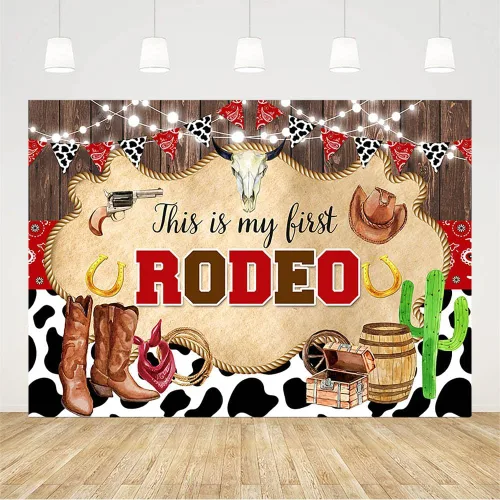 Miniatura 2 de AIBIIN Fondo de 10 x 7 pies con texto en inglés "My First Rodeo", para primer cumpleaños, fotografía de vaquero occidental, estampado de vaca, Marrón