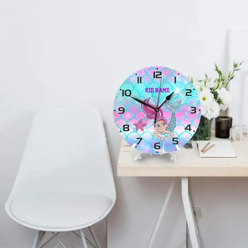 Miniatura 4 de Reloj de pared personalizado con escamas de sirena coloridas y estrellas de mar para habitación de niños, reloj de pared personalizado con nombre