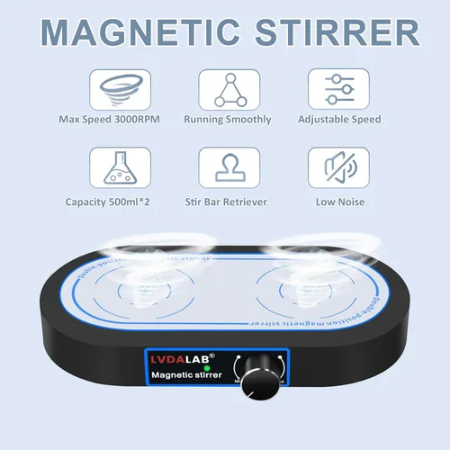 Miniatura 2 de Agitador magnético doble, placa de agitación magnética de 2 posiciones de 3000 rpm, 2 agitadores magnéticos multiposición de 16.9 fl oz con 2 barras