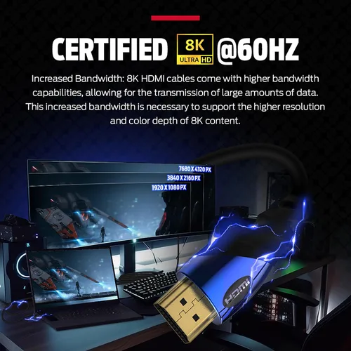 Miniatura 3 de Monster Cable HDMI de 8 K: cable HDMI Xbox Series X y PlayStation 5 con contactos de oro de 24 K y agarre en V, velocidad de 48 Gbps, frecuencia