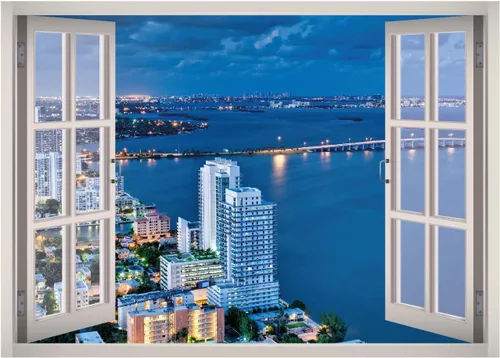 Vinilo decorativo 3D con ventana de vista del atardecer de Miami Beach, papel tapiz removible, vinilo para decoración del hogar, West Mountain™ W15