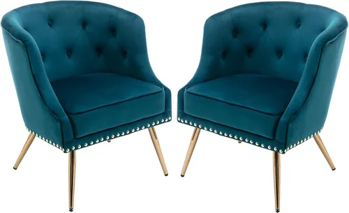 Juego de 2 sillas decorativas modernas de color verde azulado, sillas de terciopelo para sala de estar con patas de metal dorado, cómodos sillones