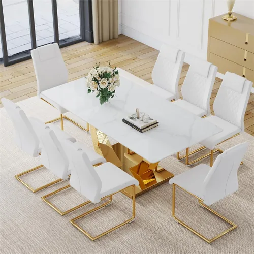 Miniatura 29 de Juego de mesa de comedor para 4, mesa de comedor de mármol sintético de 63 pulgadas con patas y base de acero inoxidable, sillas acolchadas