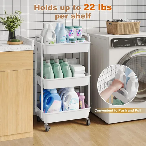 Miniatura 6 de Carrito rodante de 3 niveles con ruedas, carrito de plástico blanco de tres niveles con ruedas con cerradura, carrito organizador de almacenamiento