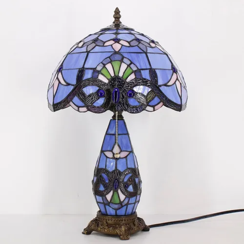 Miniatura 7 de Lámpara de Estilo Tiffany de Vidrio Manchado Azul Barroco de Mesa de 12X19 Pulgadas, Vaso Madre-Hija, Luz de Lectura para Escritorio, Decoración