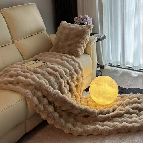 Miniatura 6 de Manta de pelo sintético de felpa de conejo, gruesa y cálida para todas las estaciones, manta peluda suave y mullida para sofá, cama, decorativa Beige