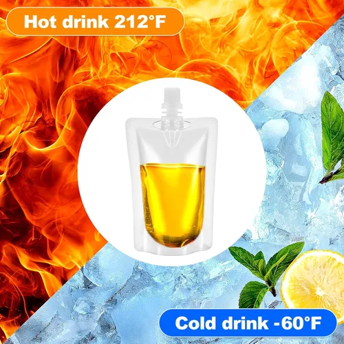 Miniatura 5 de Yardwe Frascos de plástico transparente con sello de boquilla de succión, bolsas de bebidas portátiles de 3.5 onzas para jugo, agua, vino, bolsas